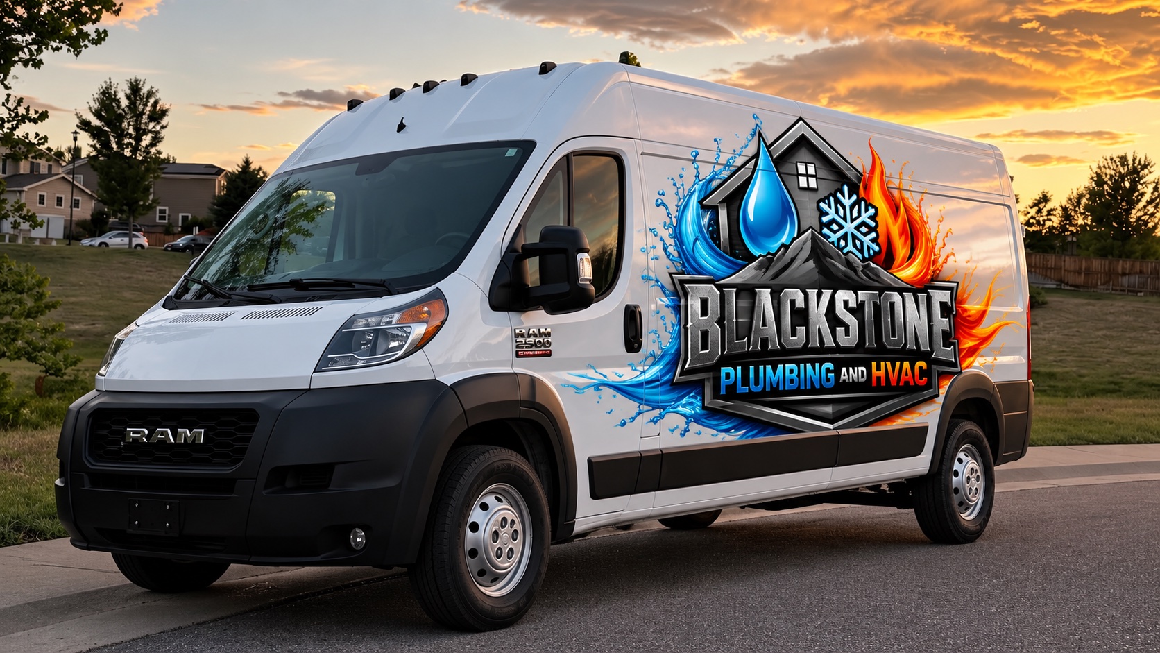 Blackstone Plumbing and HVAC service van parked on a neighborhood street at sunset